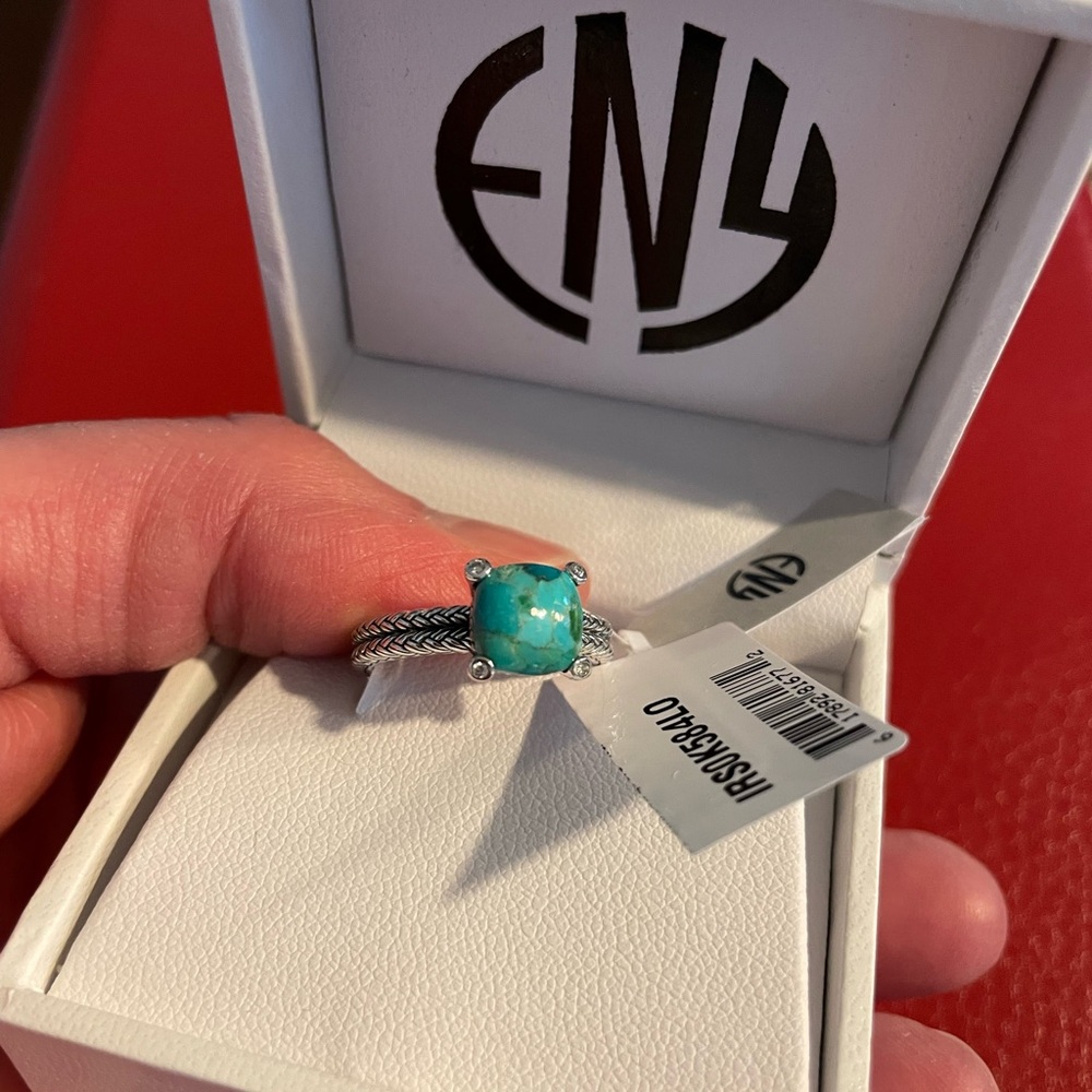 Brand New With Tags In Box EFFY Turquoise And Diamond Sterling Silver Ring. Sz 7